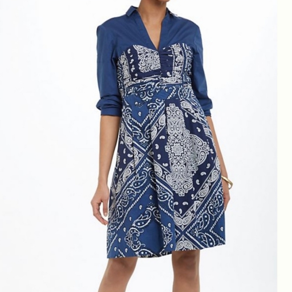 Holding Horses Anthropologie M 8 Western Bandana Flare Dress Long Sleeve twee